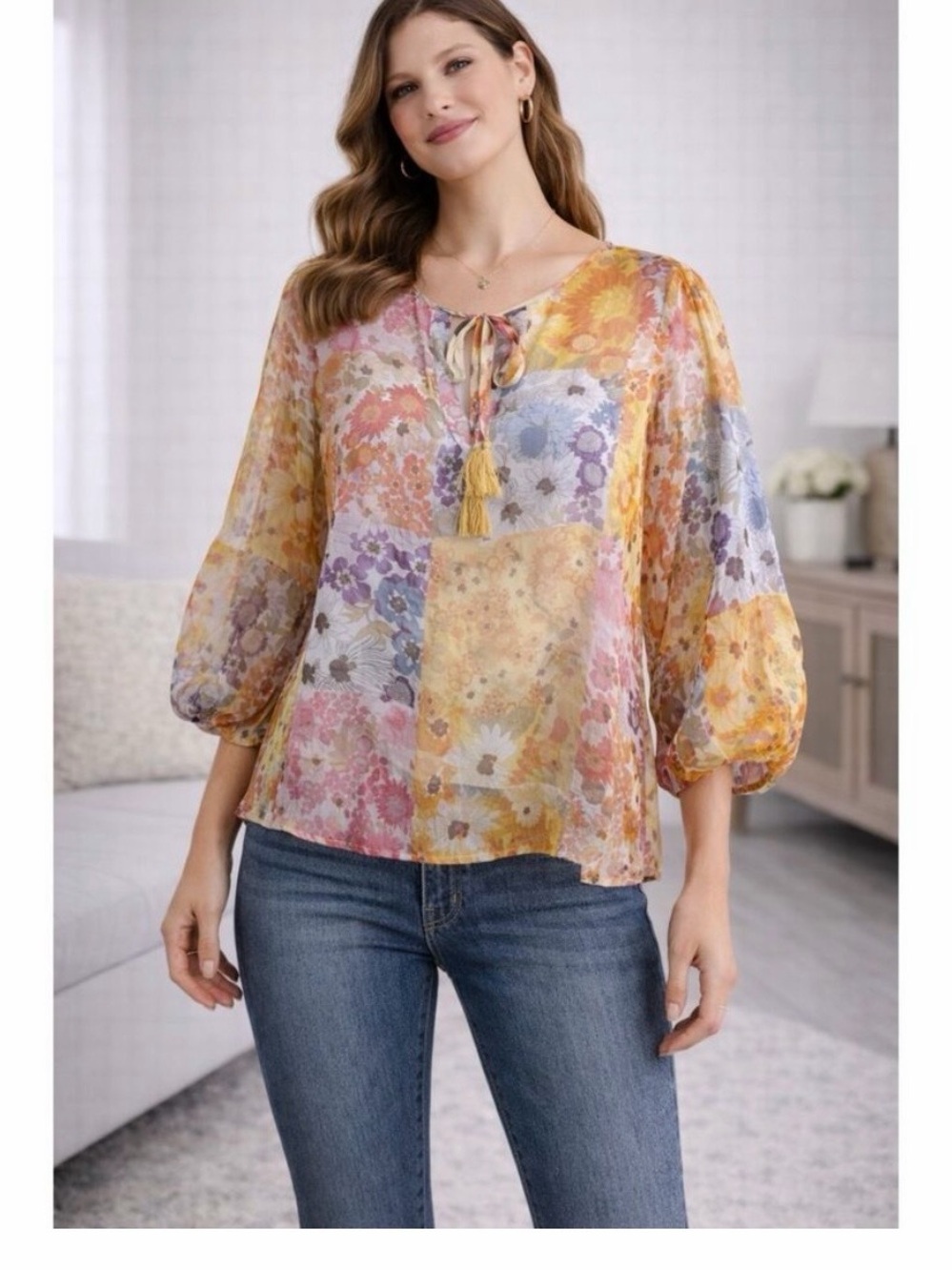 Johnny Was Jade Silk Becky Sheer Floral Tie-Neck Blouse in Yellow and Pink